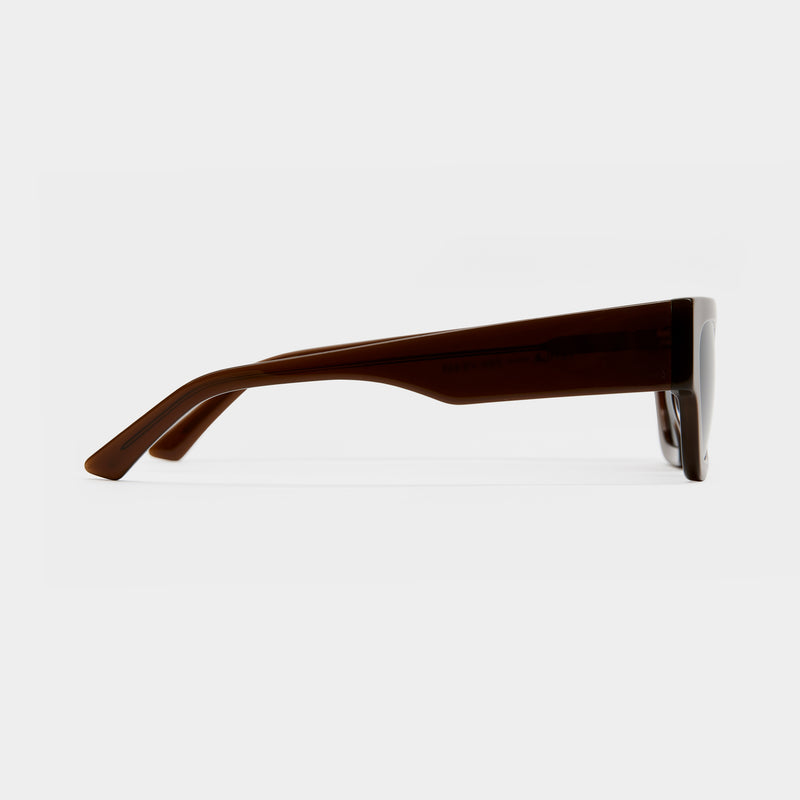side image showing the arm of vehla eyewear finn sunglasses in coco / smoke