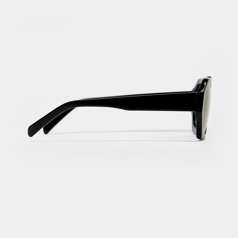 side image showing the arm of vehla eyewear finn sunglasses in black / smoke