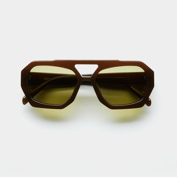 front image showing the arm of vehla eyewear river sunglasses in coco / khaki