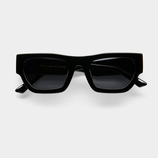 side image showing the arm of vehla eyewear finn sunglasses in black / smoke