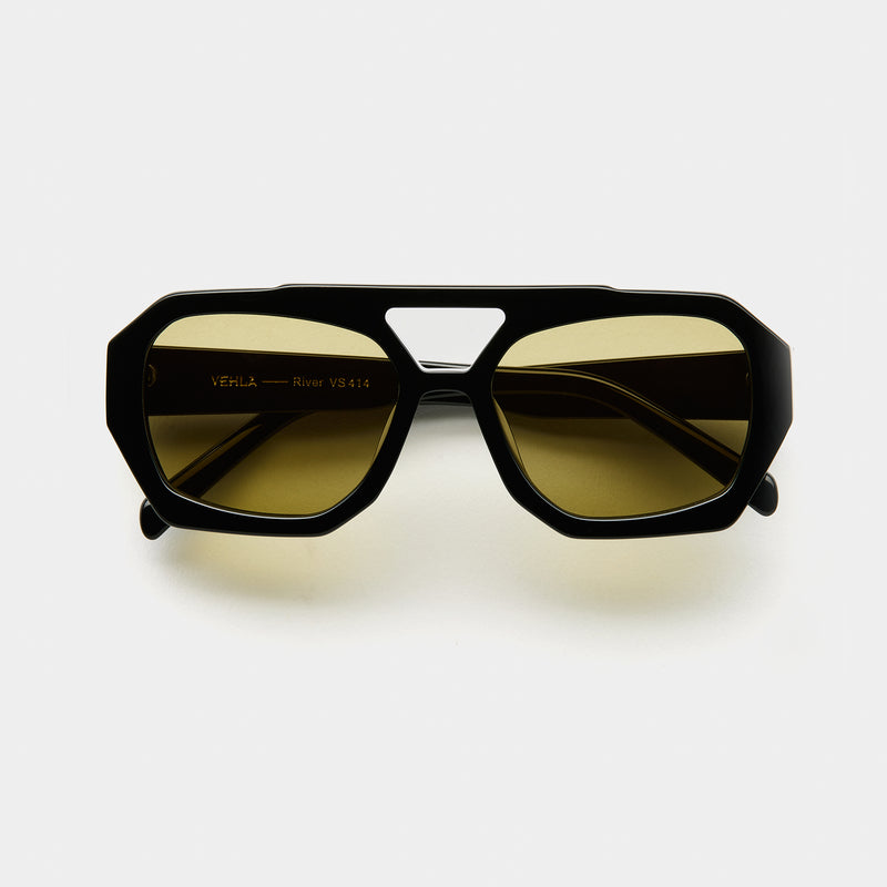 front image showing the arm of vehla eyewear river sunglasses in black / khaki