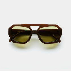 front image showing the arm of vehla eyewear river sunglasses in coco / khaki