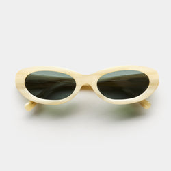 front image showing the arm of vehla eyewear willow sunglasses in creme / olive